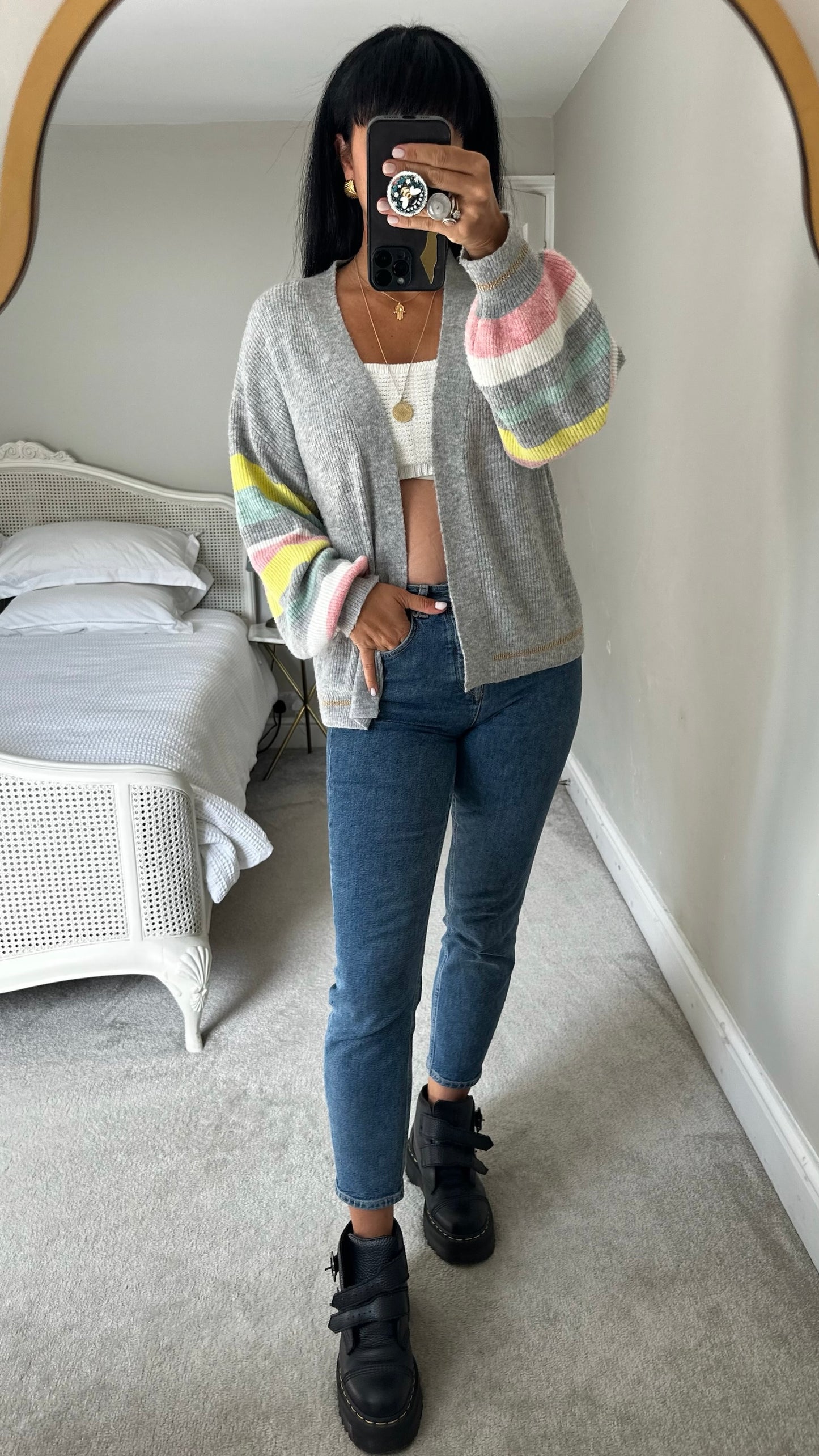 Oliver bonas grey pink yellow teal stripe open knit cardigan extra large XL UK 12-14