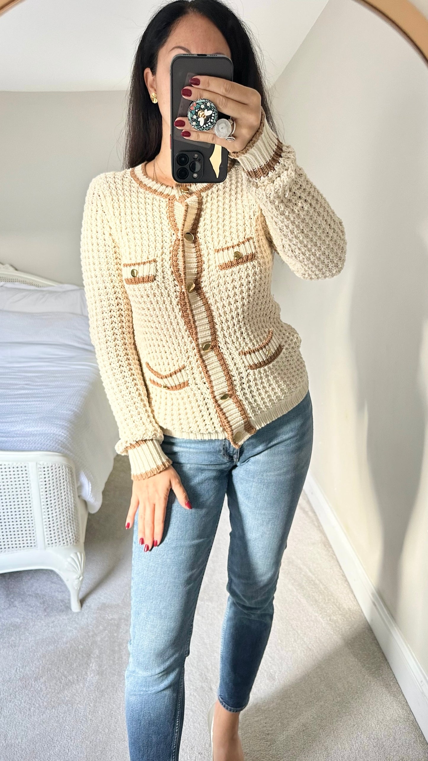 Warehouse beige brown large knit cardigan large L UK 12 vgc