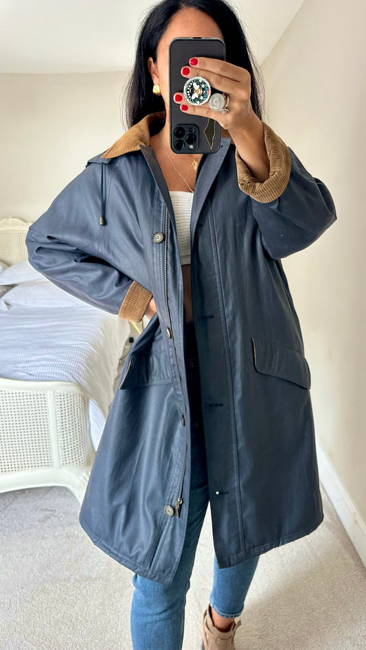 Aquabury navy blue vintage mac trench coat corduroy brown jacket coat medium UK 10-12 vgc w25