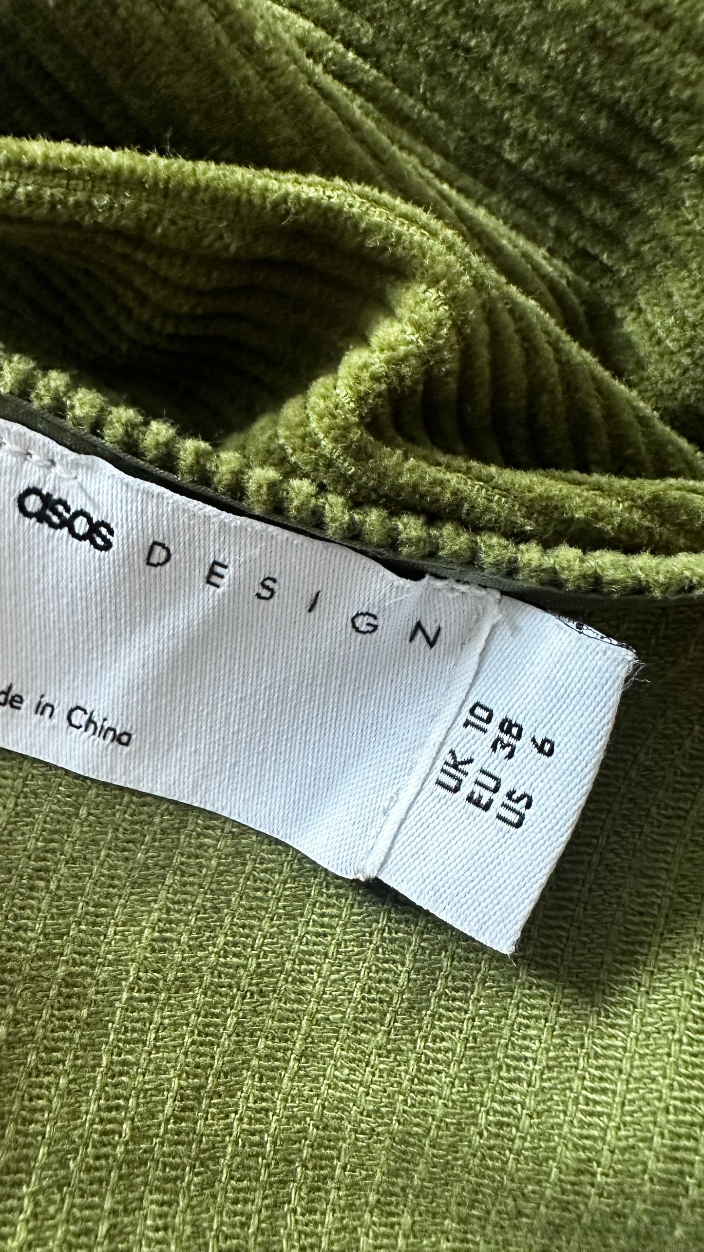 ASOS khaki green corduroy mini casual dress small UK 10 vgc