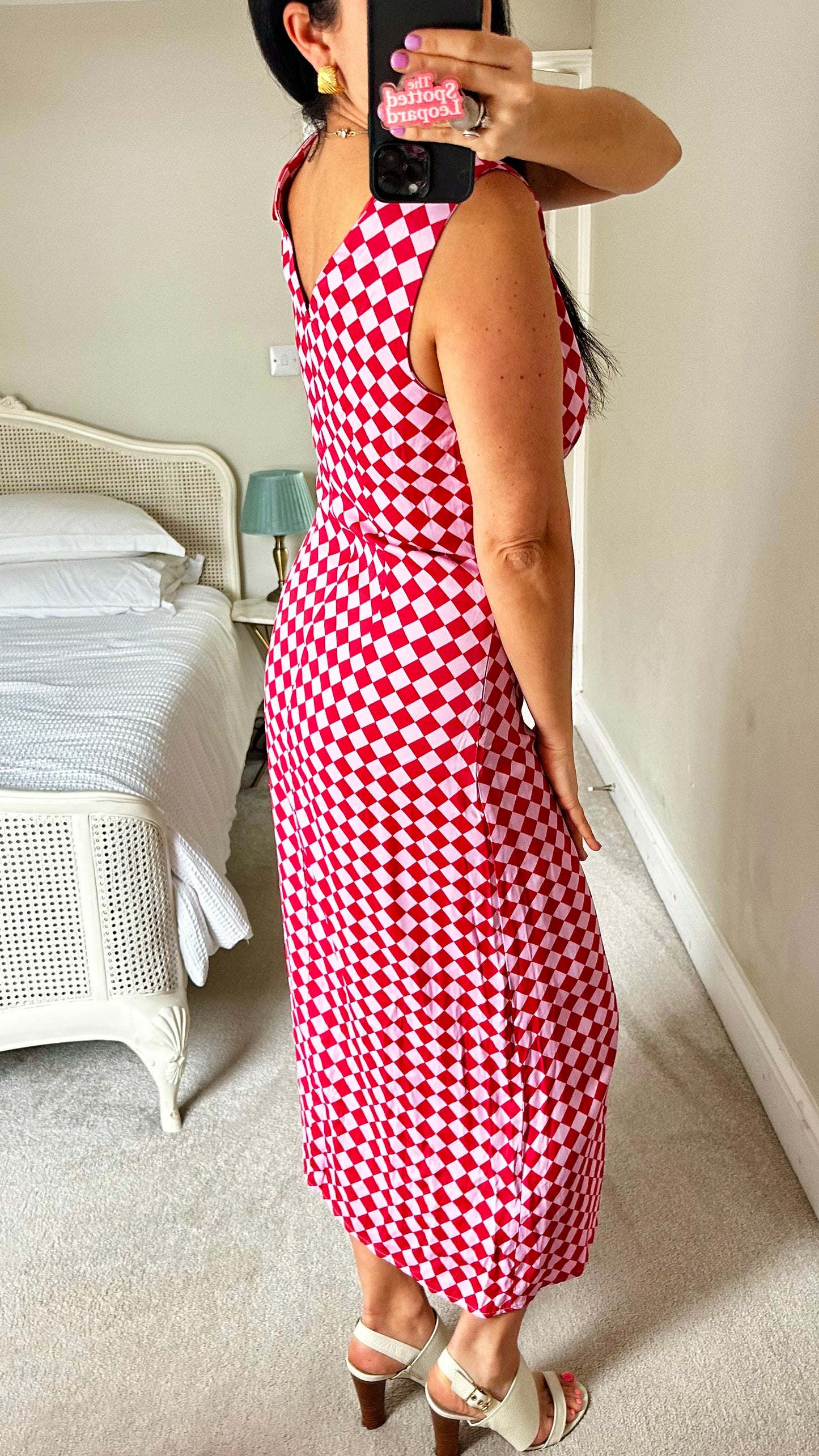 YAS pink rose fuchsia checkered midi long dress medium UK 10-12 event vgc