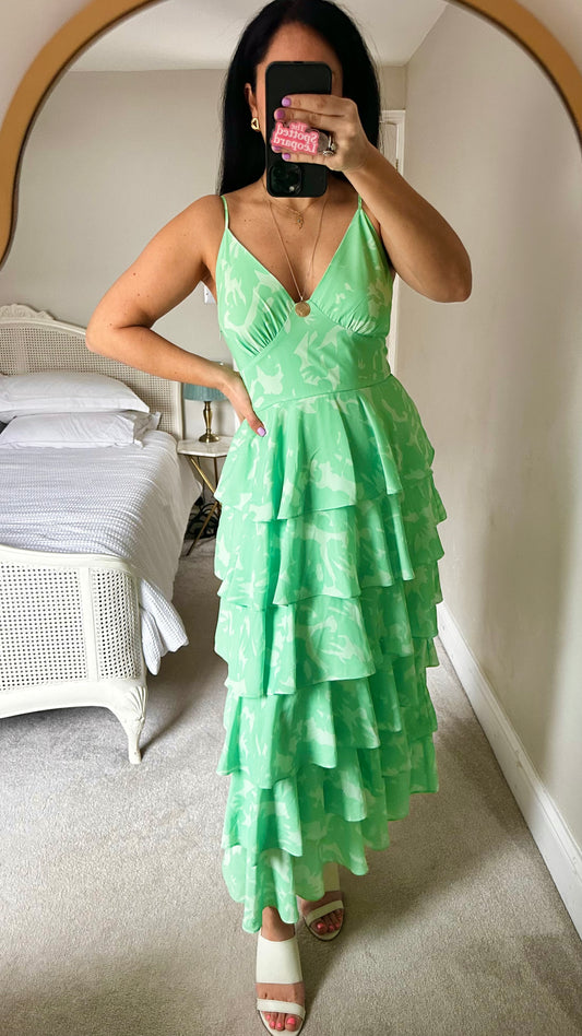 Pretty Lavish mint green white tiered wedding guest dress midi long event UK 14 medium