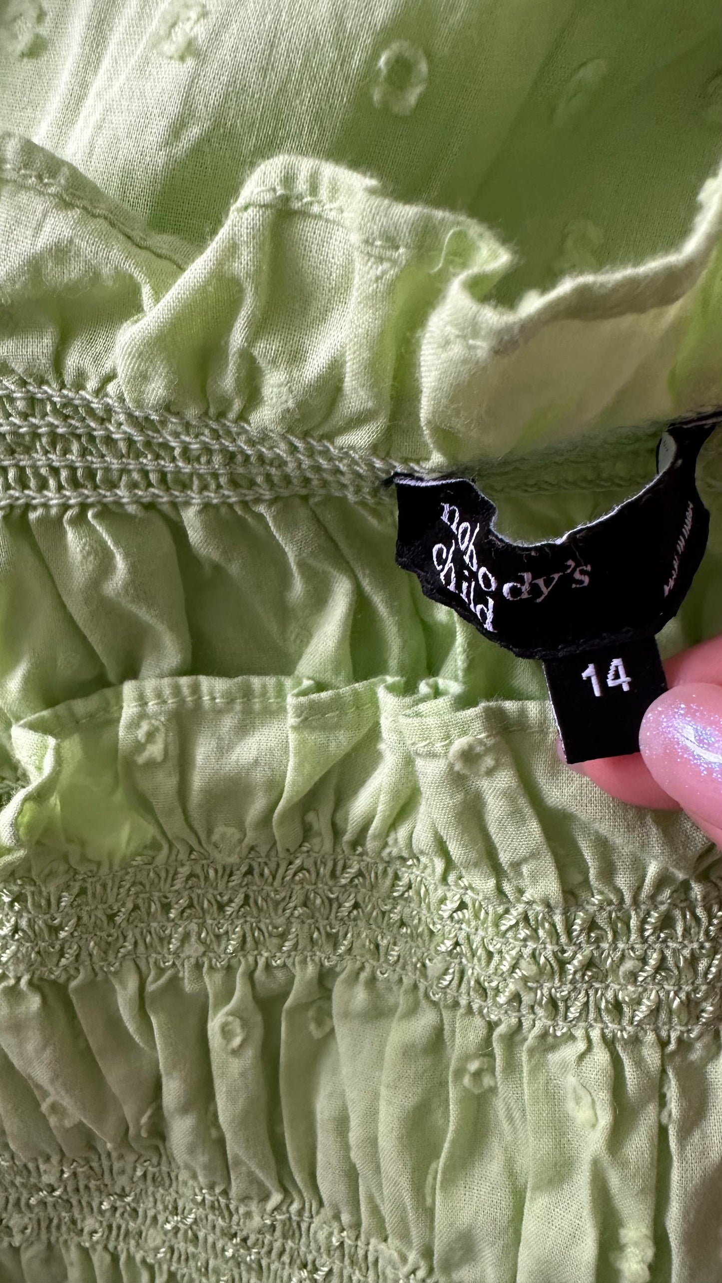 Nobody’s Child light lime green maxi long dress medium UK 14 shirred