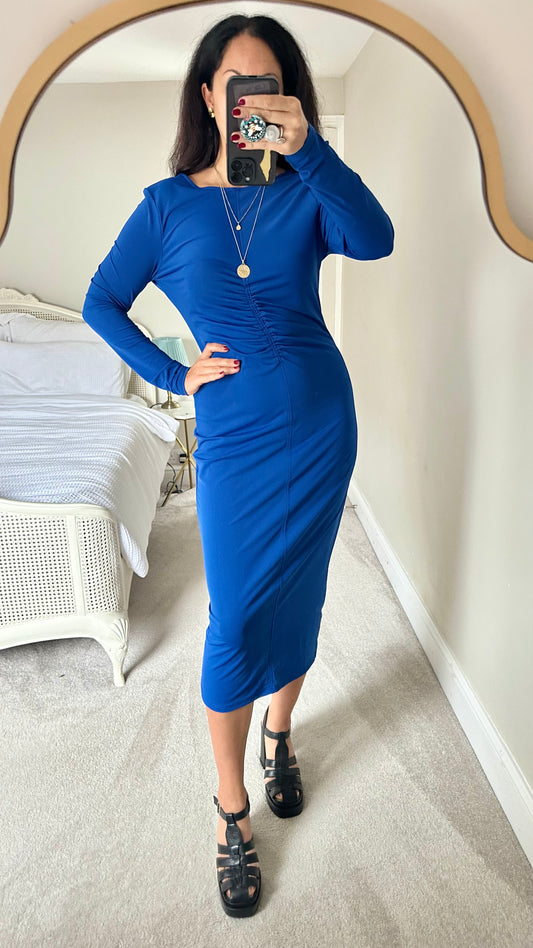 & other stories cobalt blue stretch midi dress large event party UK 12 vgc