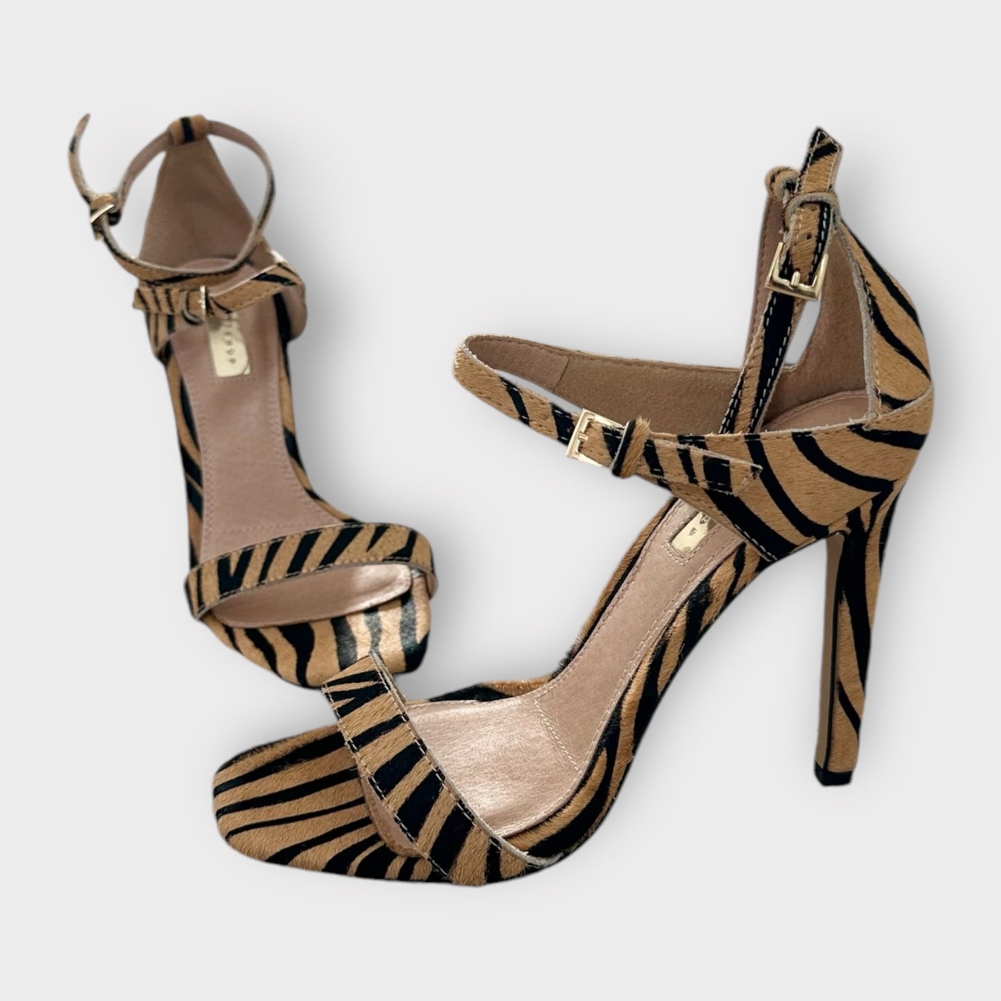 Topshop animal tiger print leather strappy party shoes heels new bnwot UK 5 EU 38