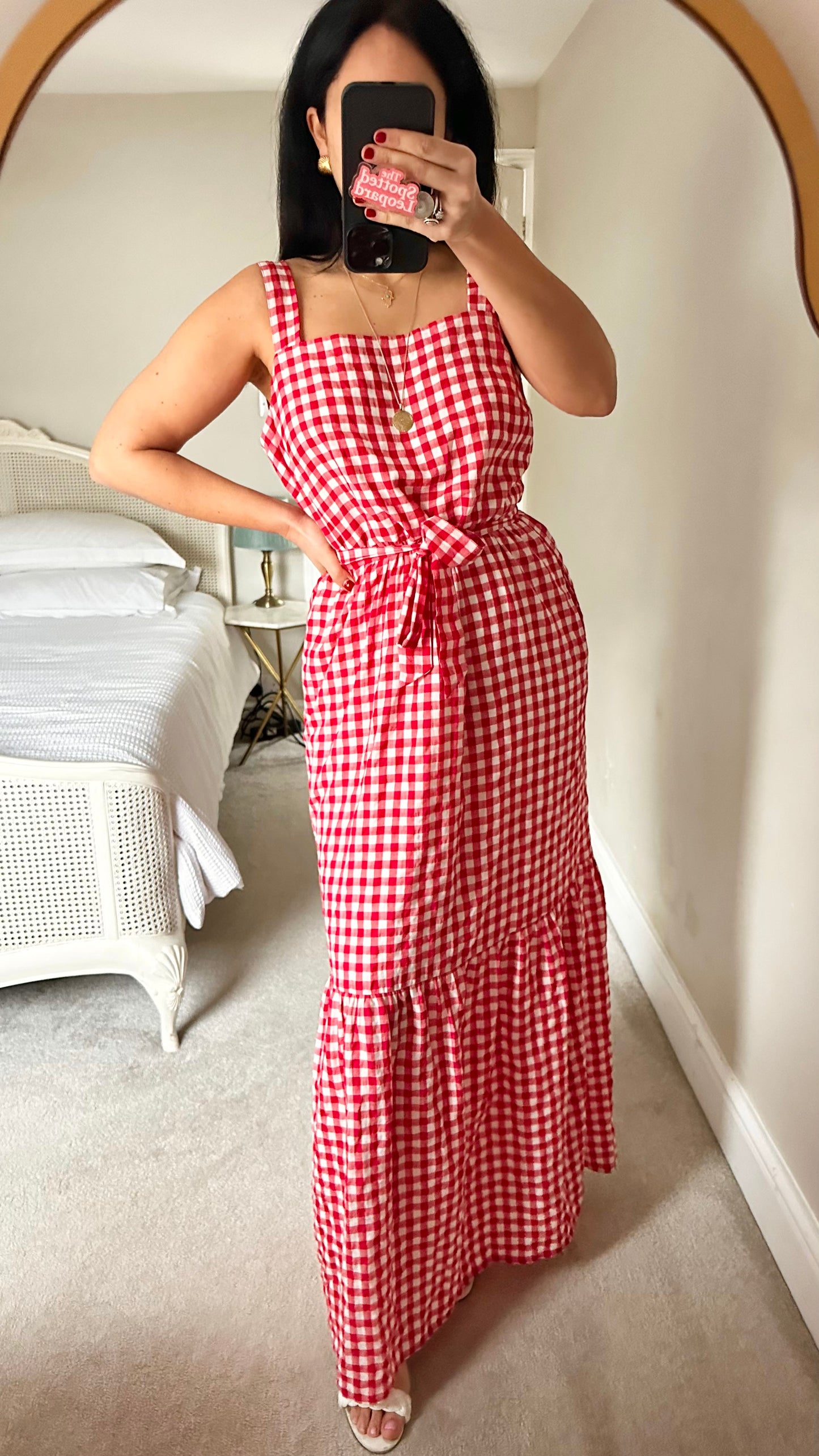 Phase Eight red white gingham check maxi long dress medium UK 14 vgc