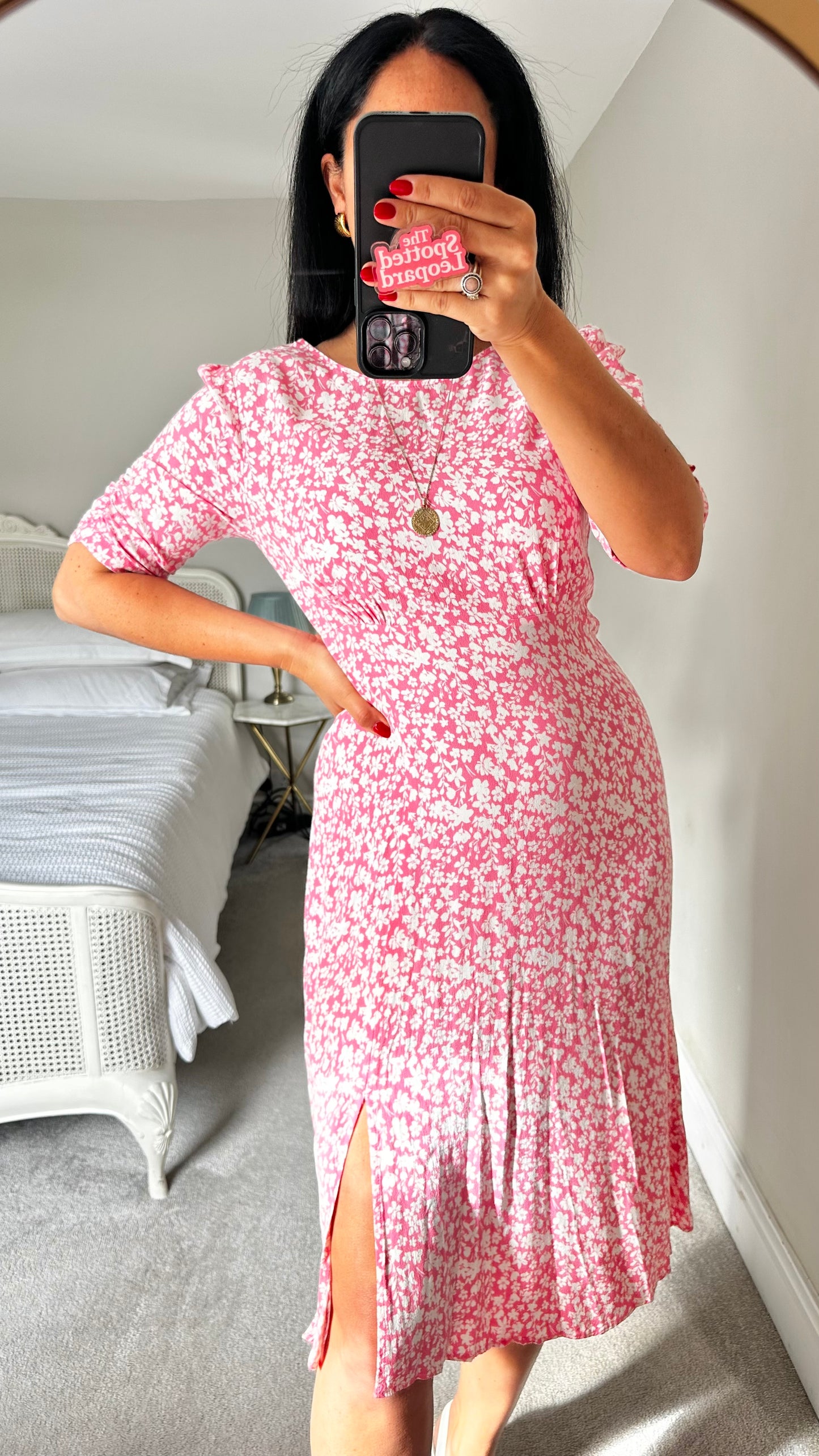 Oliver Bonas rose pink white floral side split midi petite dress small UK 10 vgc