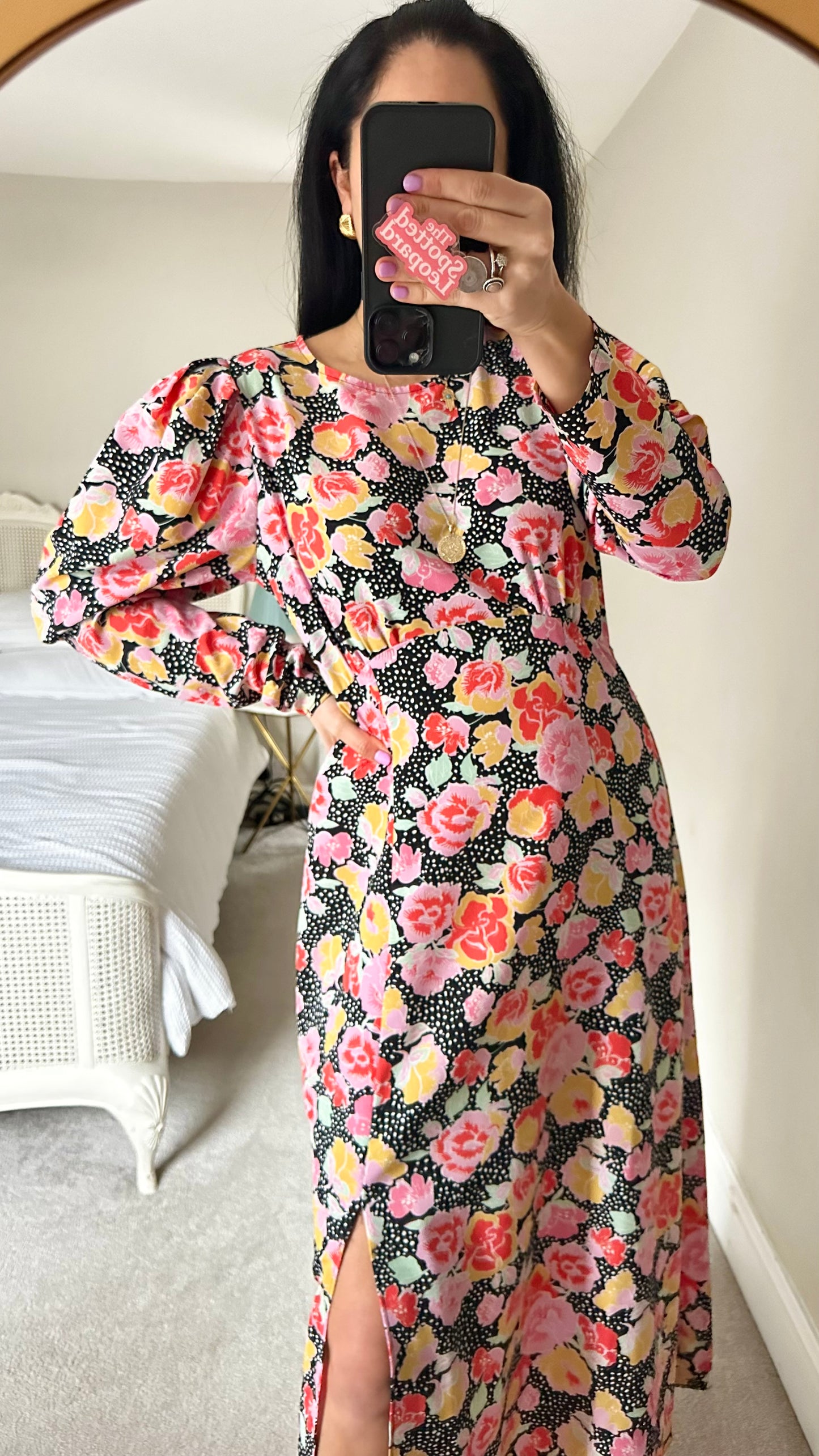 Topshop black pink red floral side split event dress midi polka dot small medium UK 8 14 vgc event