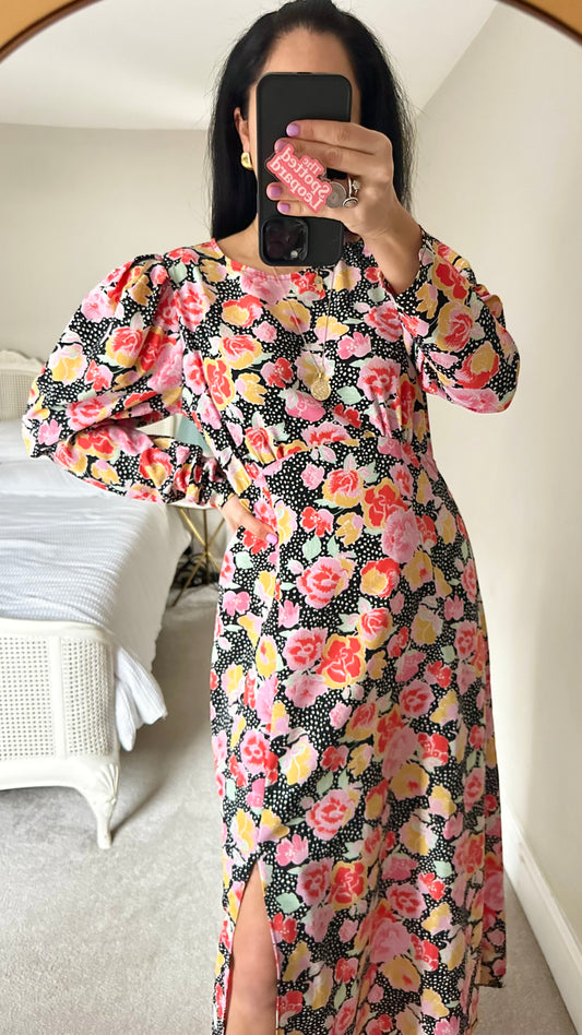 Topshop black pink red floral side split event dress midi polka dot small medium UK 8 14 vgc event