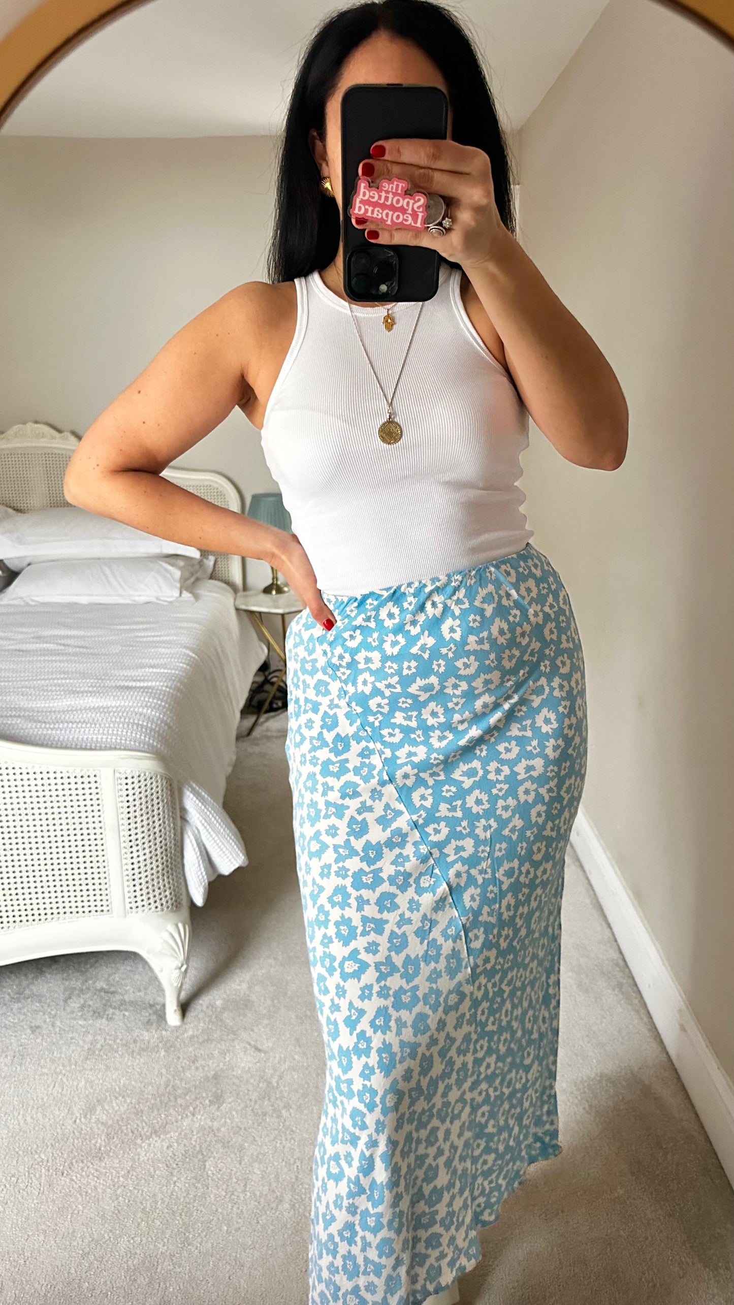 Feather & bone light blue white floral midi long skirt medium UK 12 vgc