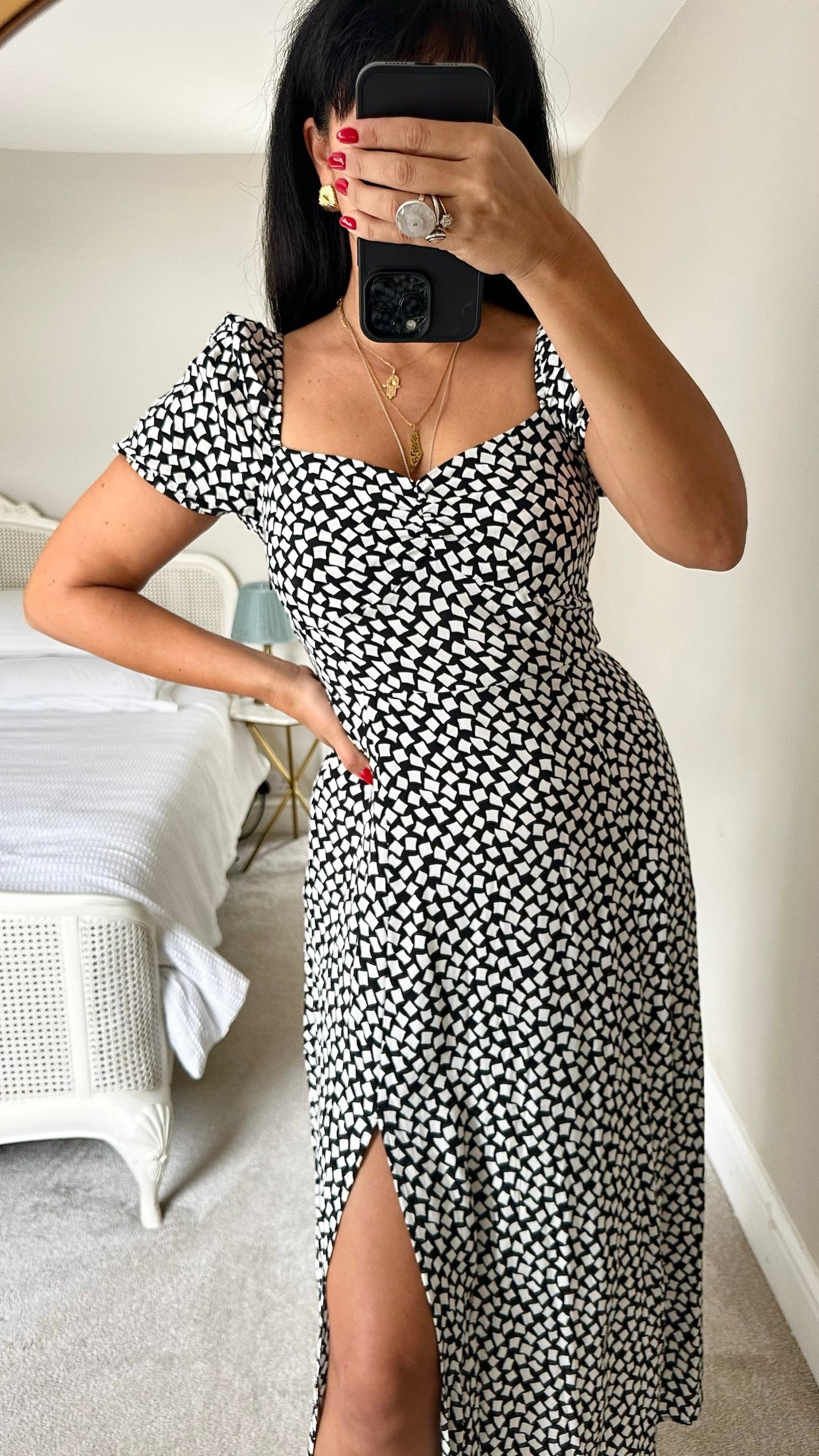 & other stories black white squares print side split midi dress large UK 12 vgc