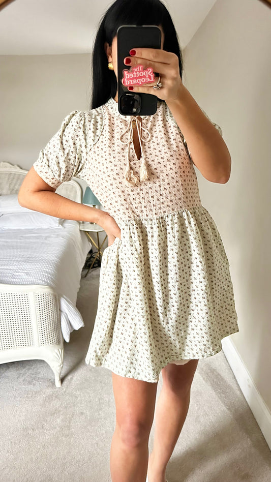 Louche light green pink mini cotton dress small UK 10 holiday vgc