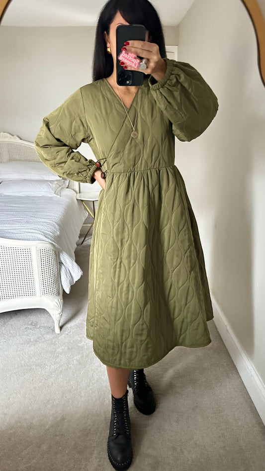 YAS olive green quilted dress extra large UK 12-14 vgc