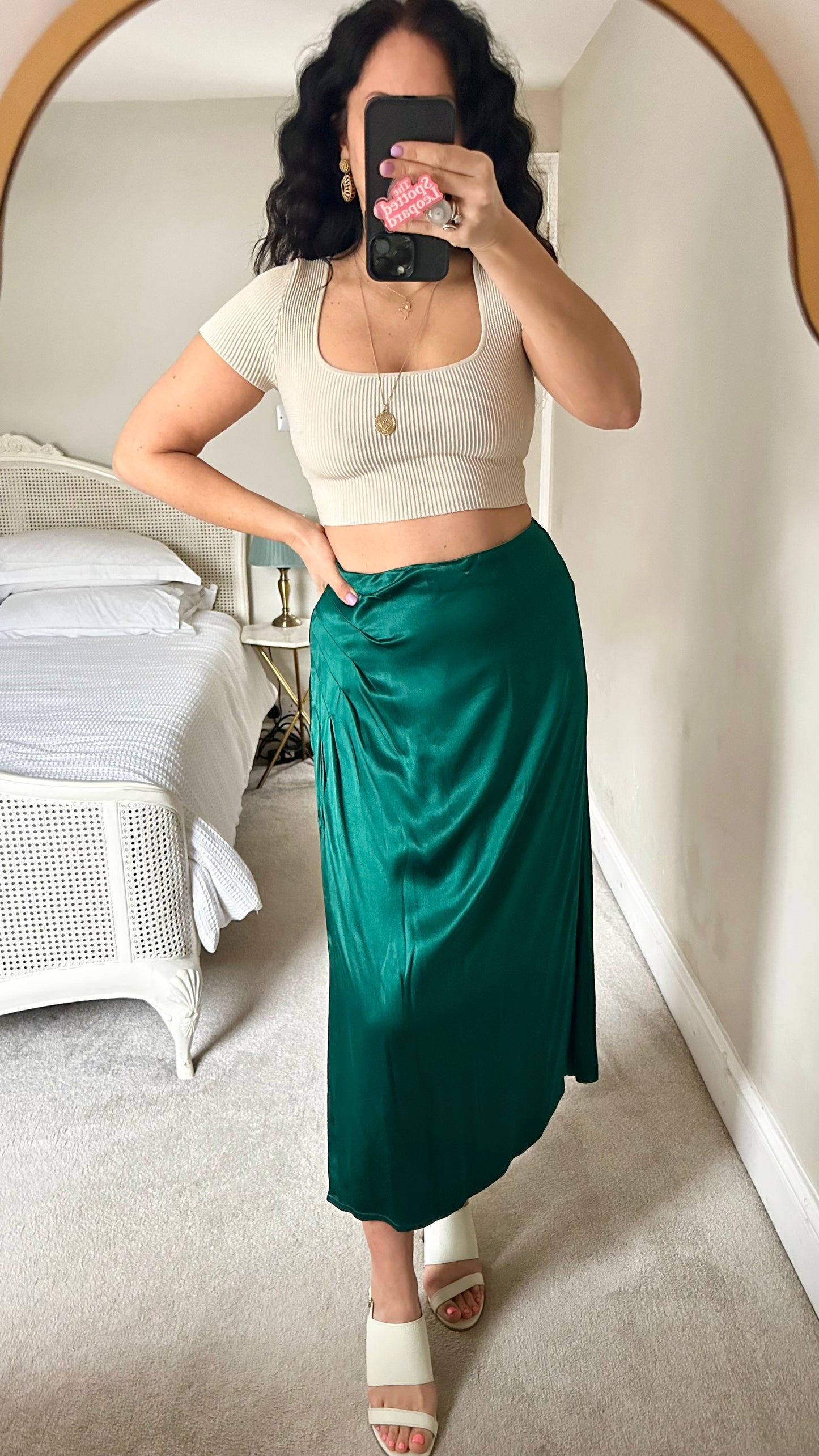 Oliver Bonas emerald green satin feel midi long skirt small UK 10 new bnwt event