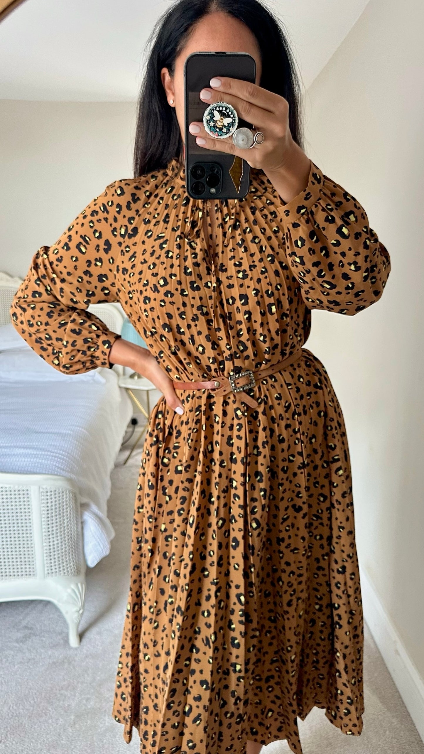 & other stories brown leopard pleated long event dress large UK 12 vgc w25