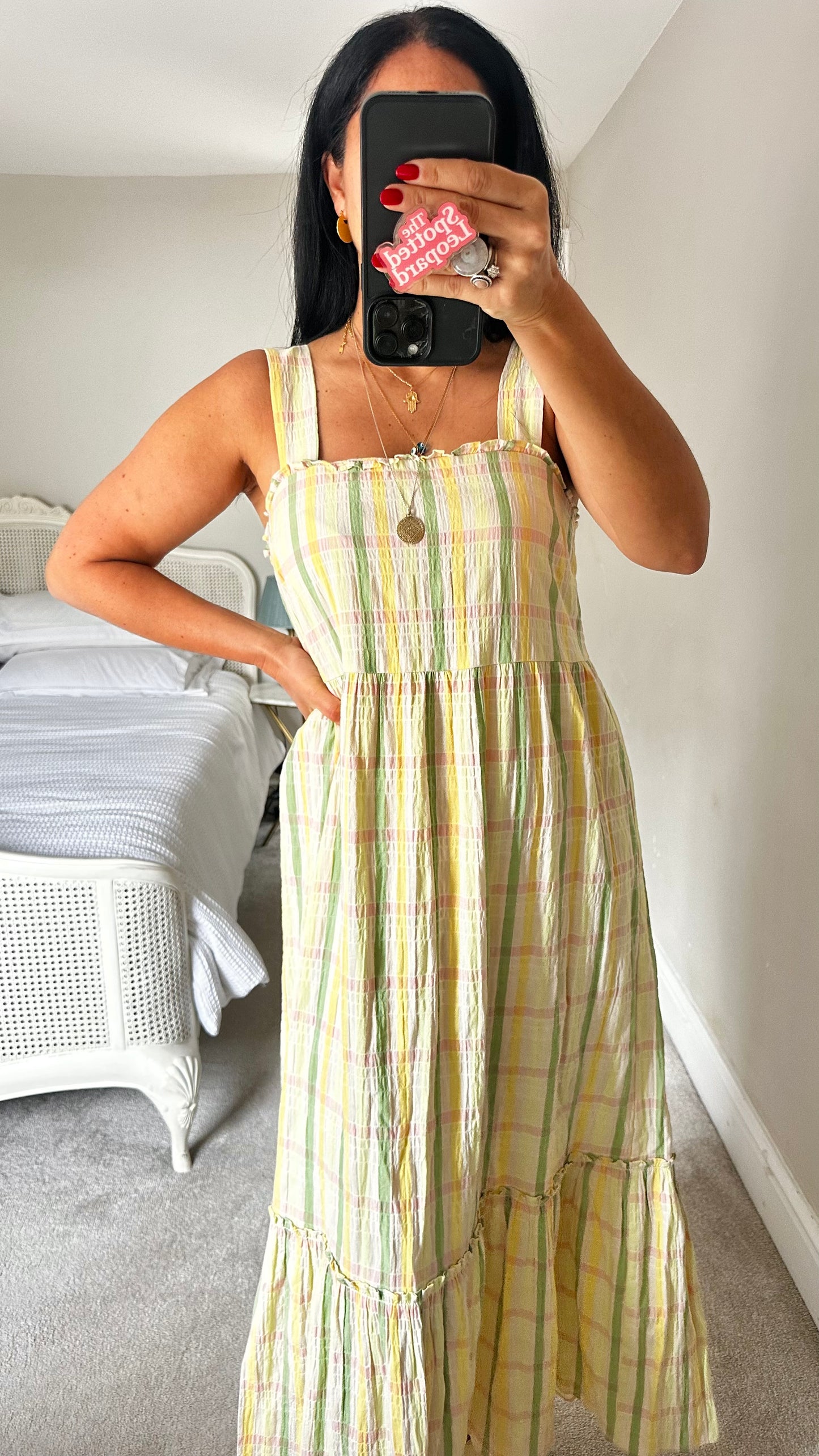 Feather & Bone @ Anthropologie yellow green gingham check midi long sundress cotton medium UK 12 14