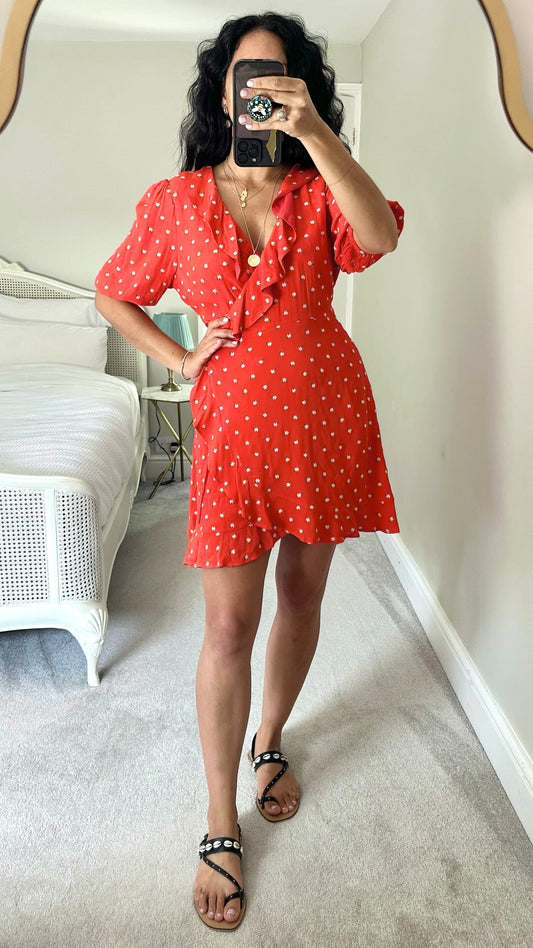 Perseverance @Anthropologie red daisy print frill wrap mini dress extra large XL UK 14 vgc