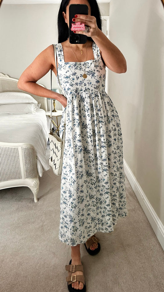 Albaray white blue floral maxi holiday dress linen blend medium M UK 14 as new condition
