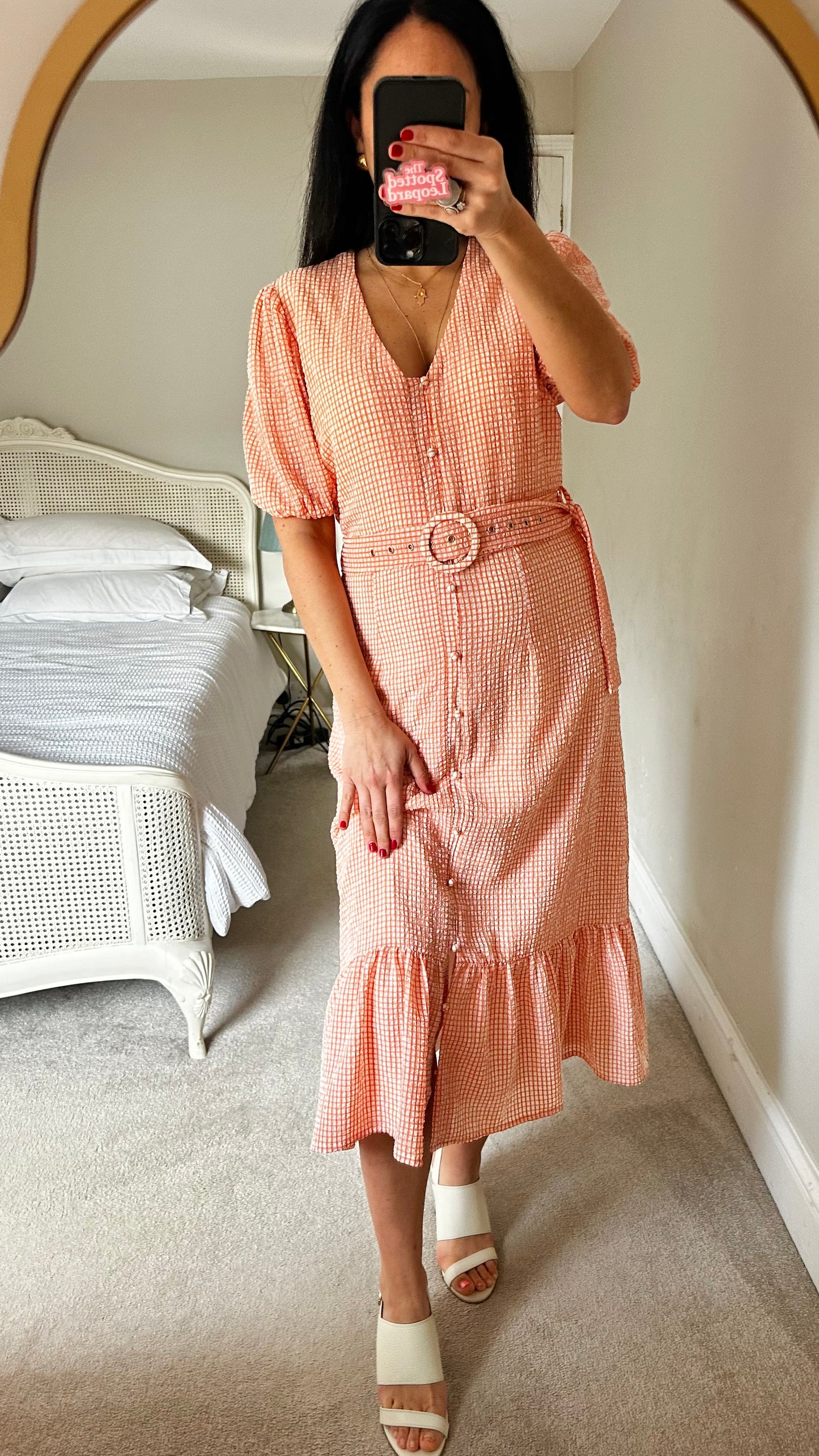 Warehouse coral Orange check gingham midi long dress medium UK 12-14 vgc