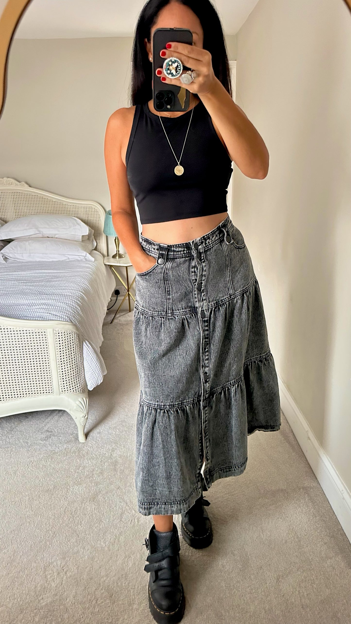 Object charcoal grey black tiered maxi denim skirt medium UK 10 vgc w25