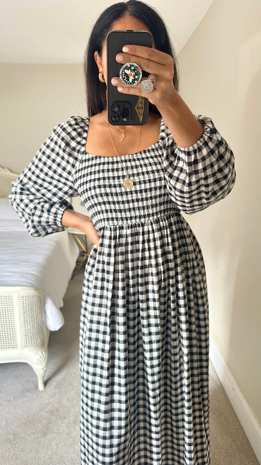 Mint Velvet black cream white gingham check midi long dress medium large UK 12-14 vgc