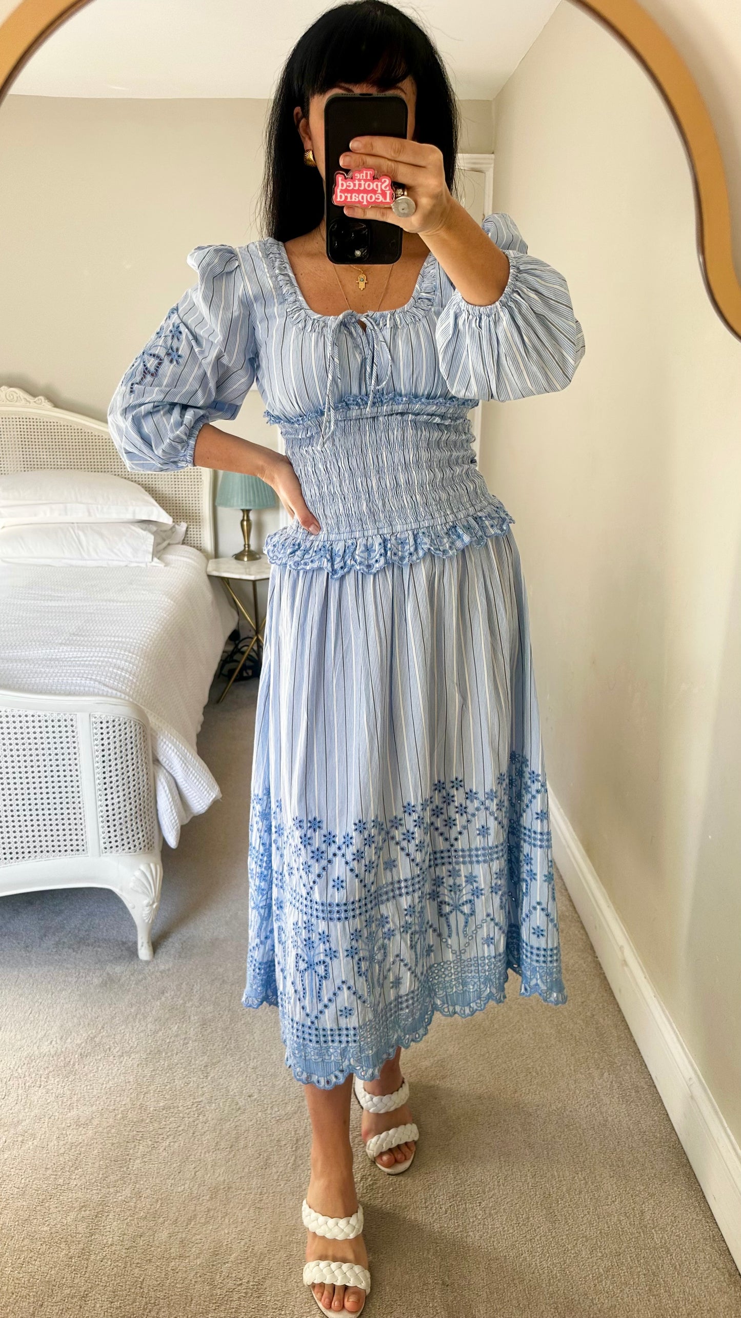 Damson Madder light blue white stripe organic cotton holiday dress midi long medium UK 10-12 vgc