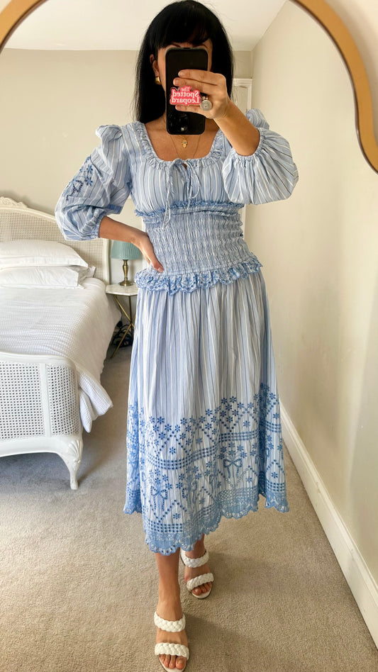 Damson Madder light blue white stripe organic cotton holiday dress midi long medium UK 10-12 vgc
