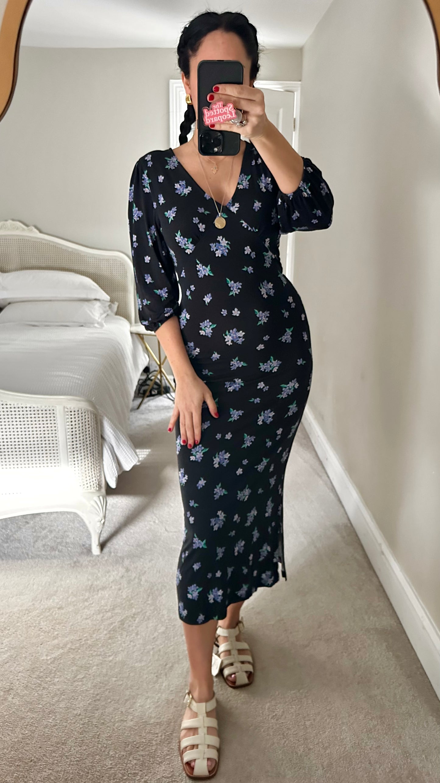 Nobody’s Child black blue lilac floral midi long dress small UK 8 jersey stretch vgc