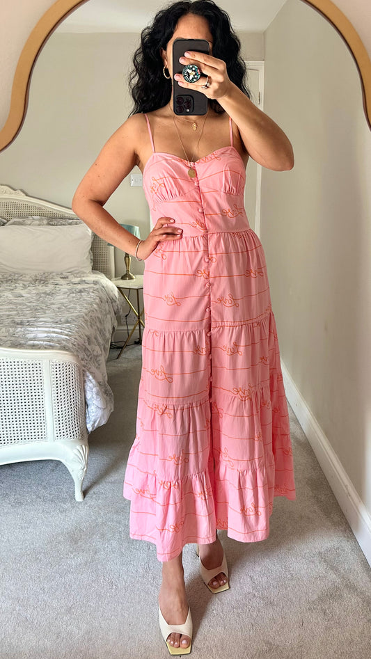 Never fully dressed pink tiered love maxi summer dress UK 10-12 vgc