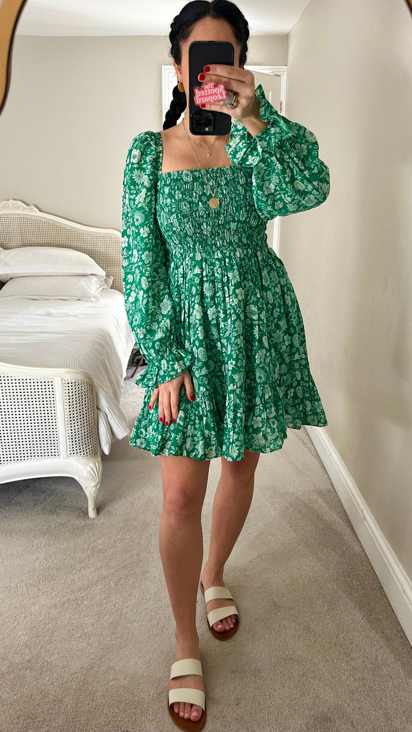 & other stories green white floral shirred bust dress small UK 10 mini holiday vgc