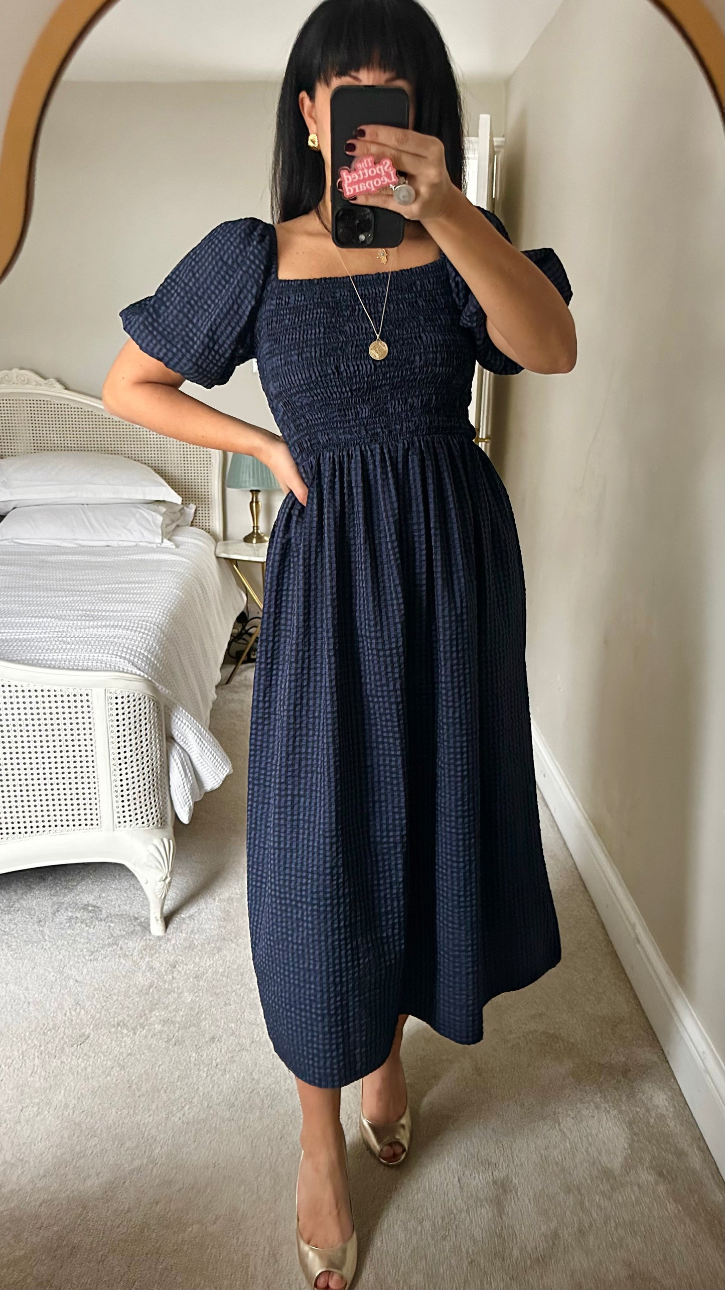 Never Fully Dressed navy blue black gingham shirred bust dress extra large UK 14-16 vgc