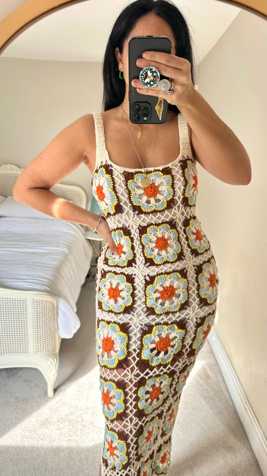 Reclaimed Vintage crochet knitted orange cream brown midi long dress medium UK 10 new