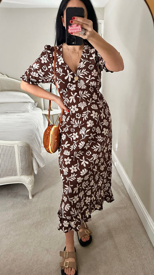 Nobody’s child brown cream White Island print holiday midi shift dress Medium M UK 12