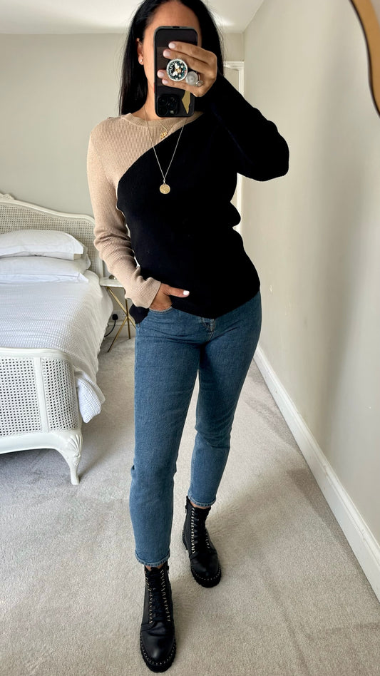 Mint velvet black beige contrast knitted jumper long sleeve top jumper extra large XL UK 14 excellent used condition