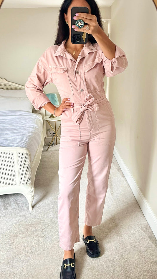 Mango pale pink tie belt jumpsuit boilersuit small S UK 8 vgc