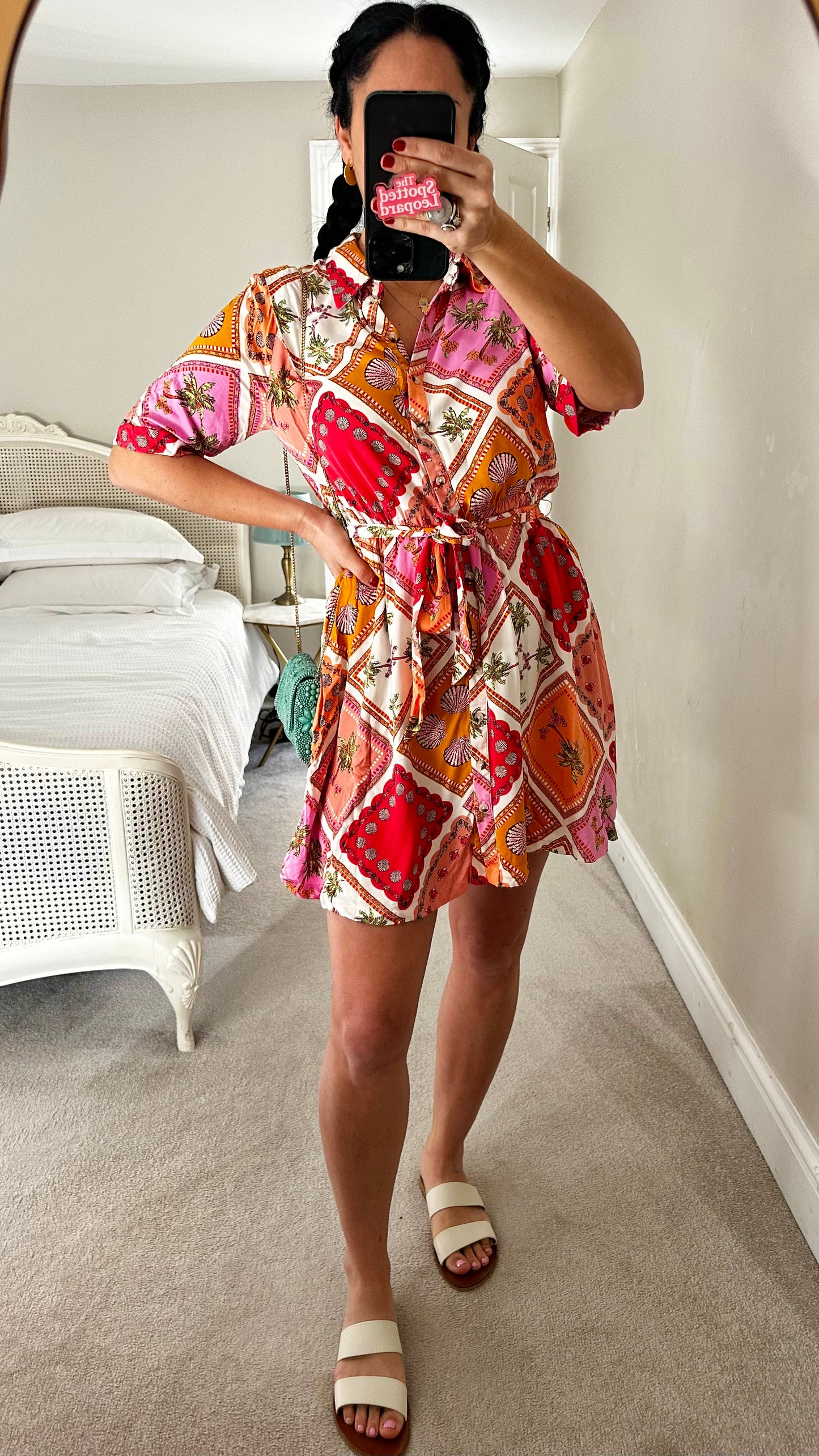 Oliver Bonas red pink shell print holiday shirt dress small medium UK 10-12 vgc