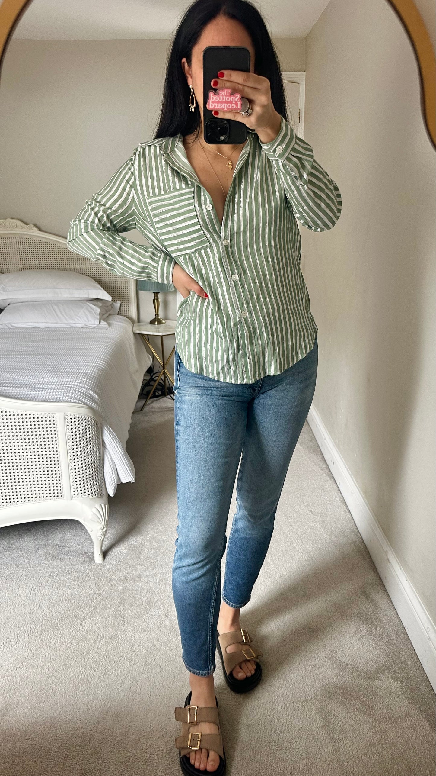 FRNCH Green white silver stripe shirt top small medium UK 10-12