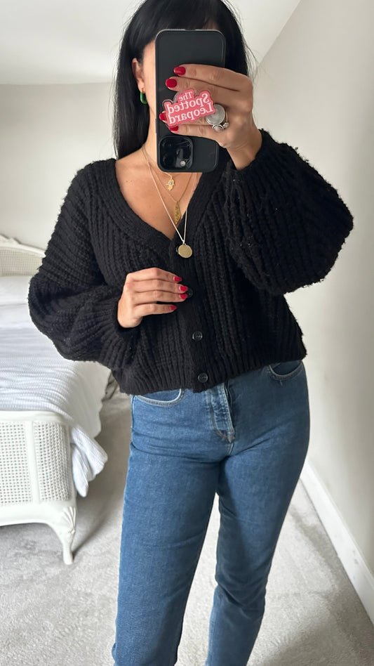 Oak + Fort black chunky knit wool blend cardigan large UK 12 vgc