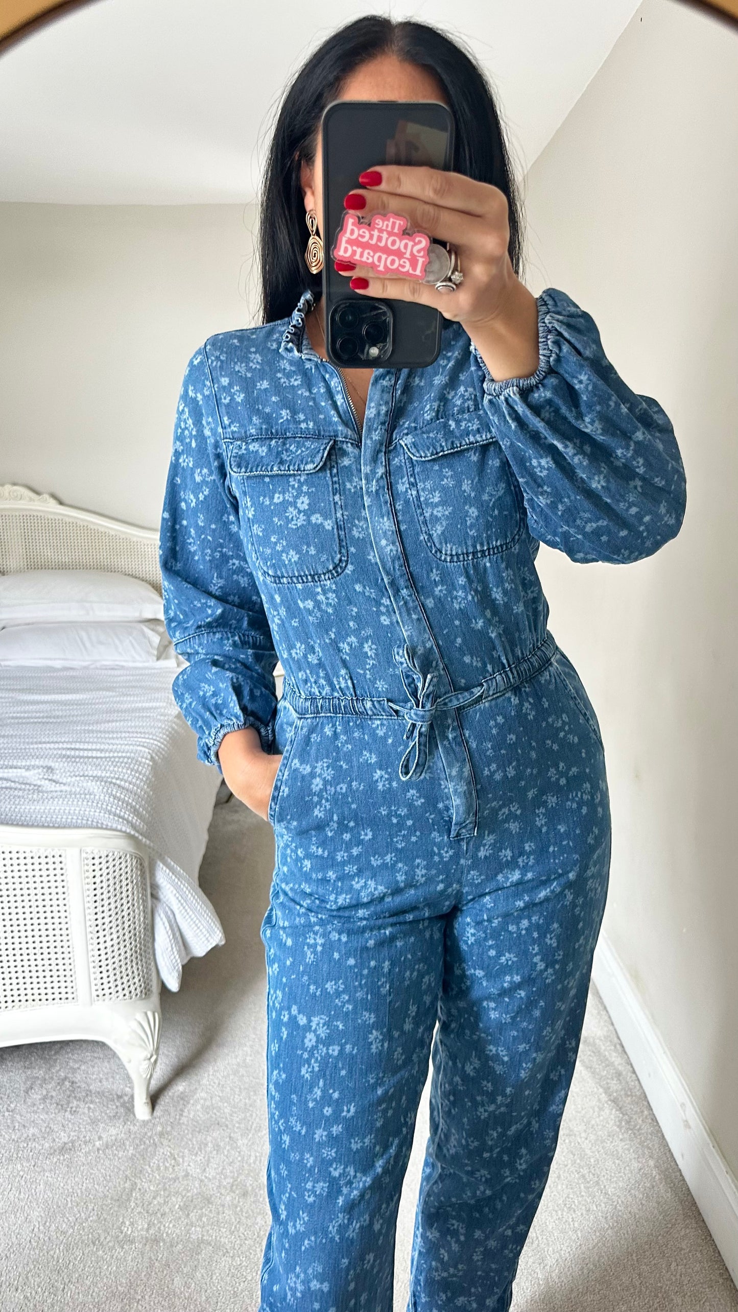 Oliver Bonas blue denim jeans boilersuit jumpsuit floral small UK 8 vgc