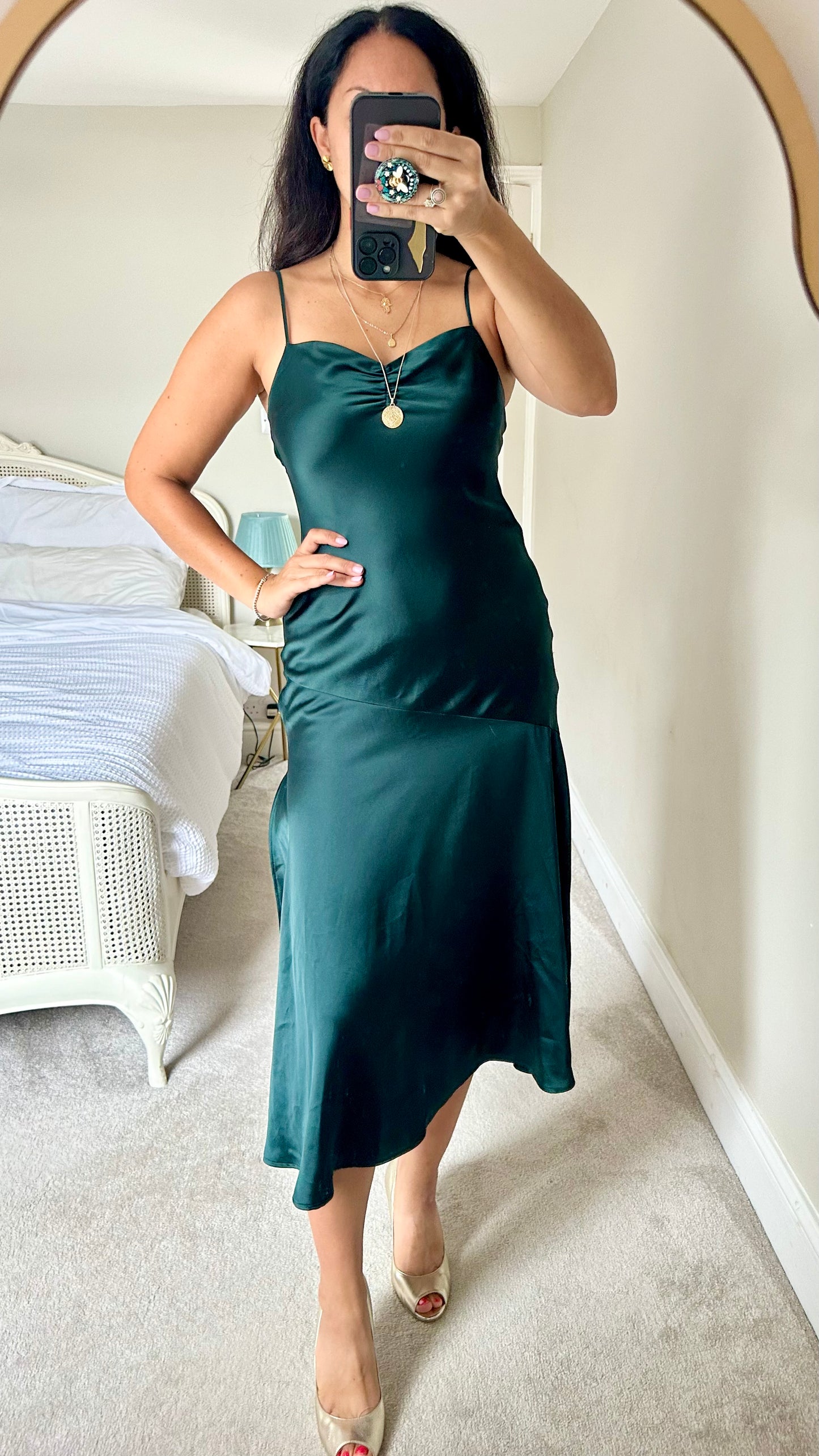 Topshop deep green side split midi slip dress party event small UK 8 vgc