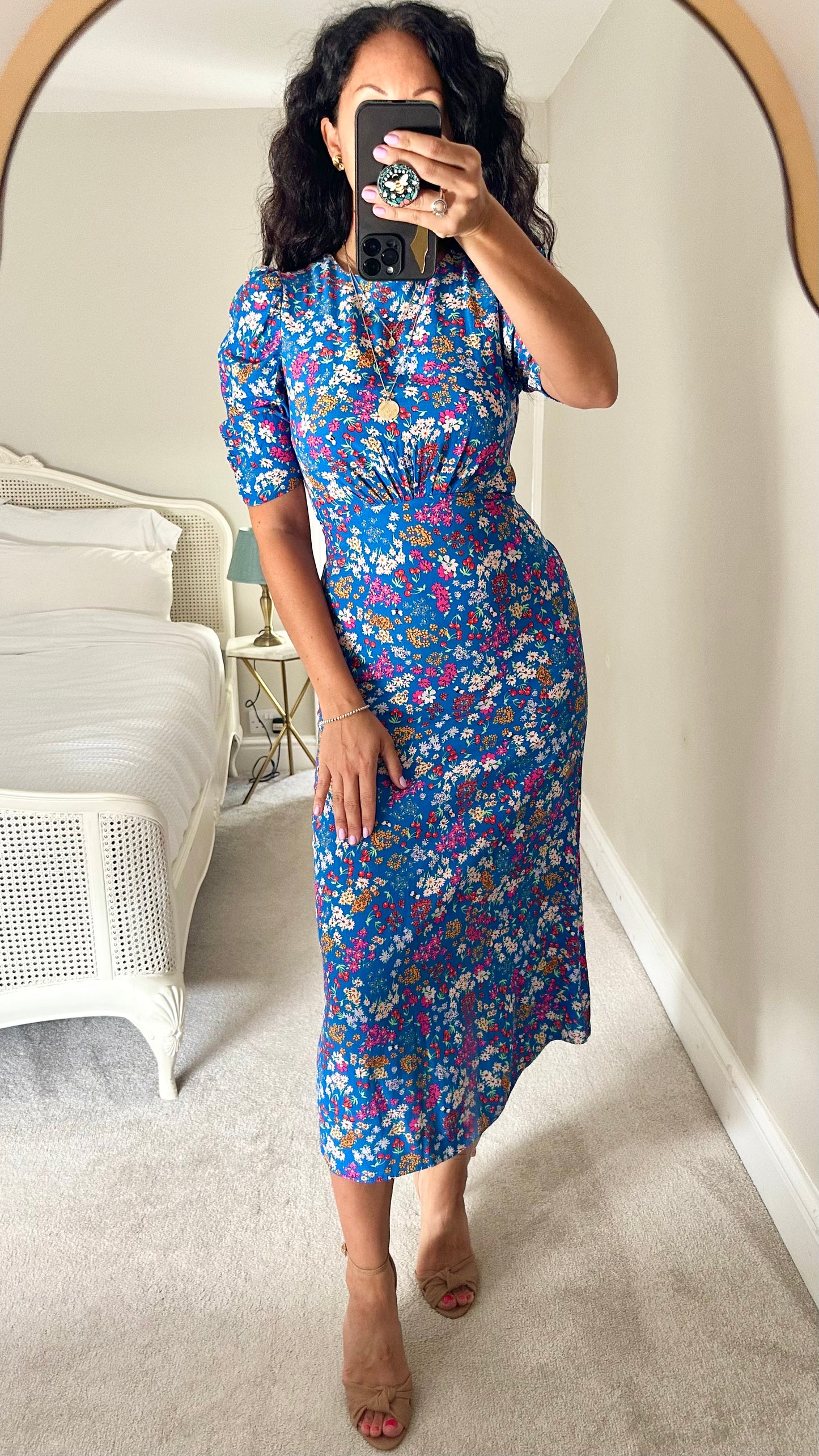 Nobody’s Child bright blue bee floral midi dress small medium UK 10 14 vgc