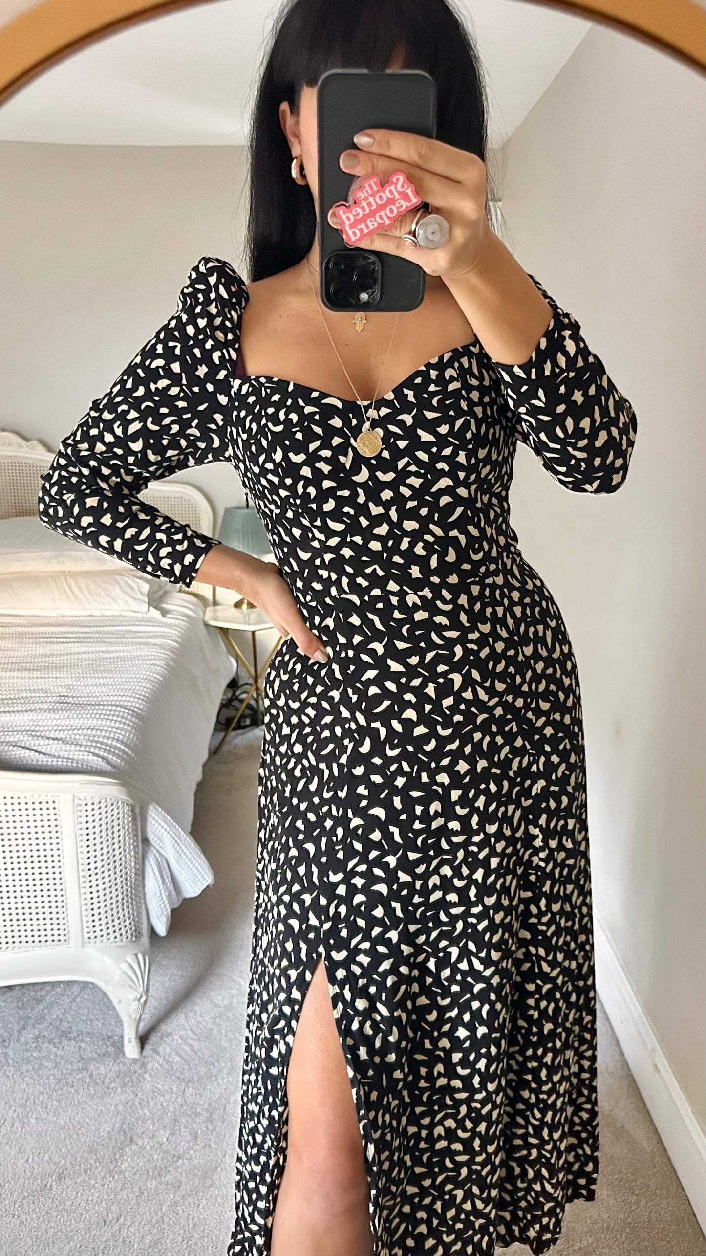 & other stories black cream abstract side split squiggle midi event dress small UK 8 vgc