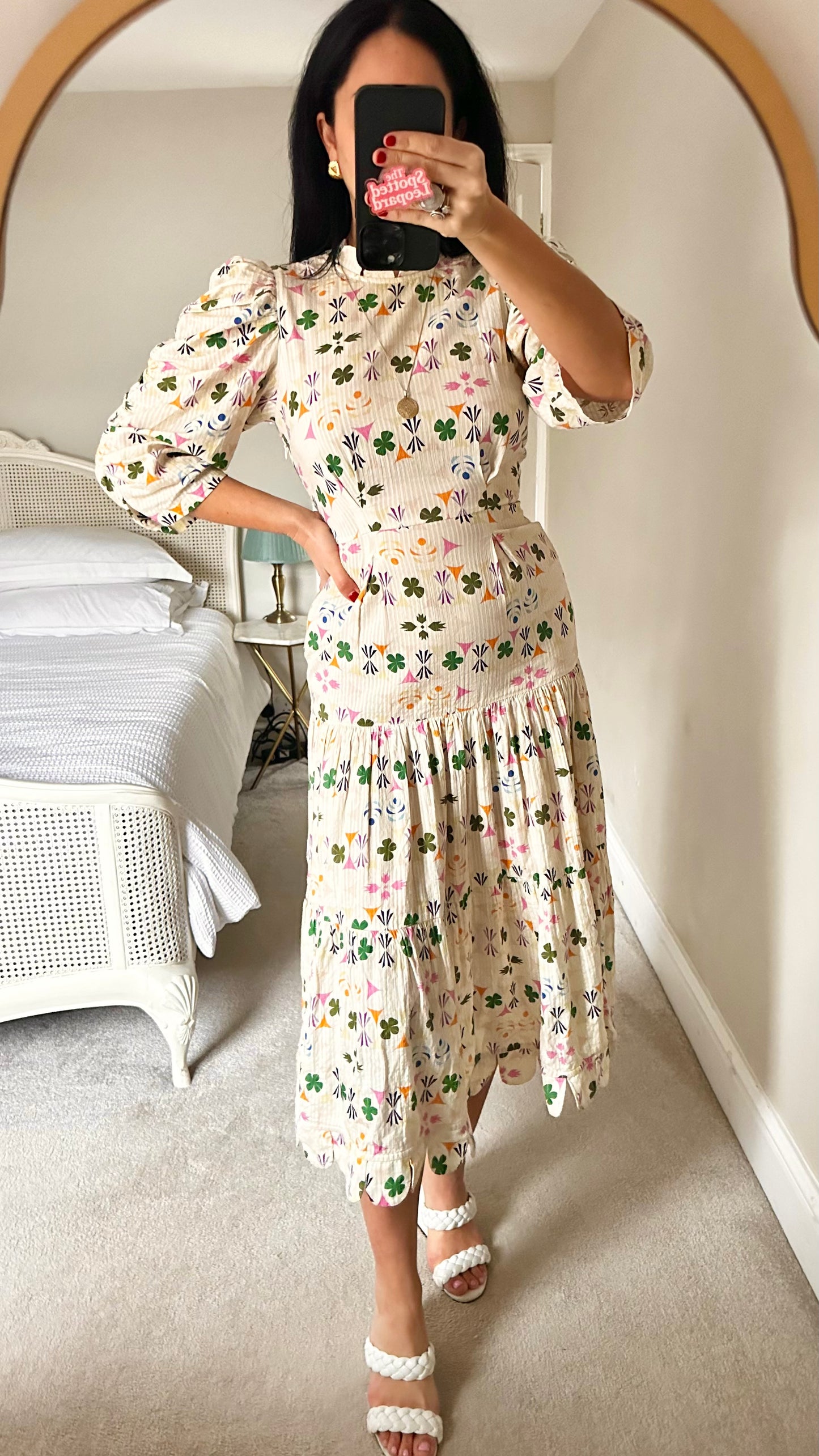 Stella Nova cream green pink clover print scalloped midi long holiday event dress small UK 8 vgc cotton