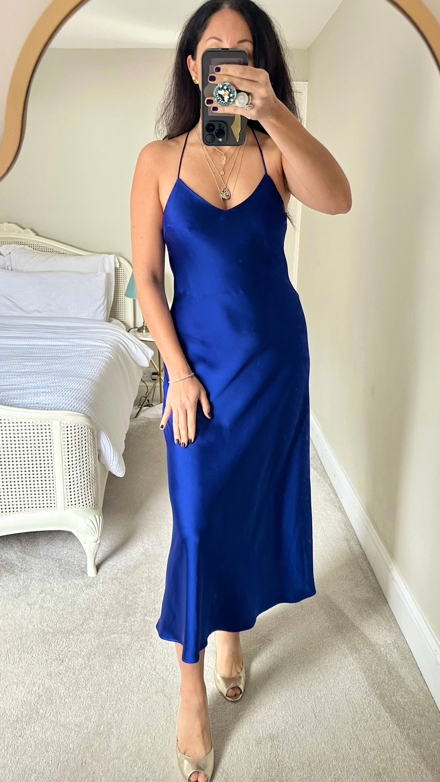 Zara cobalt blue satin backless midi maxi strap dress party Christmas event medium M UK 10