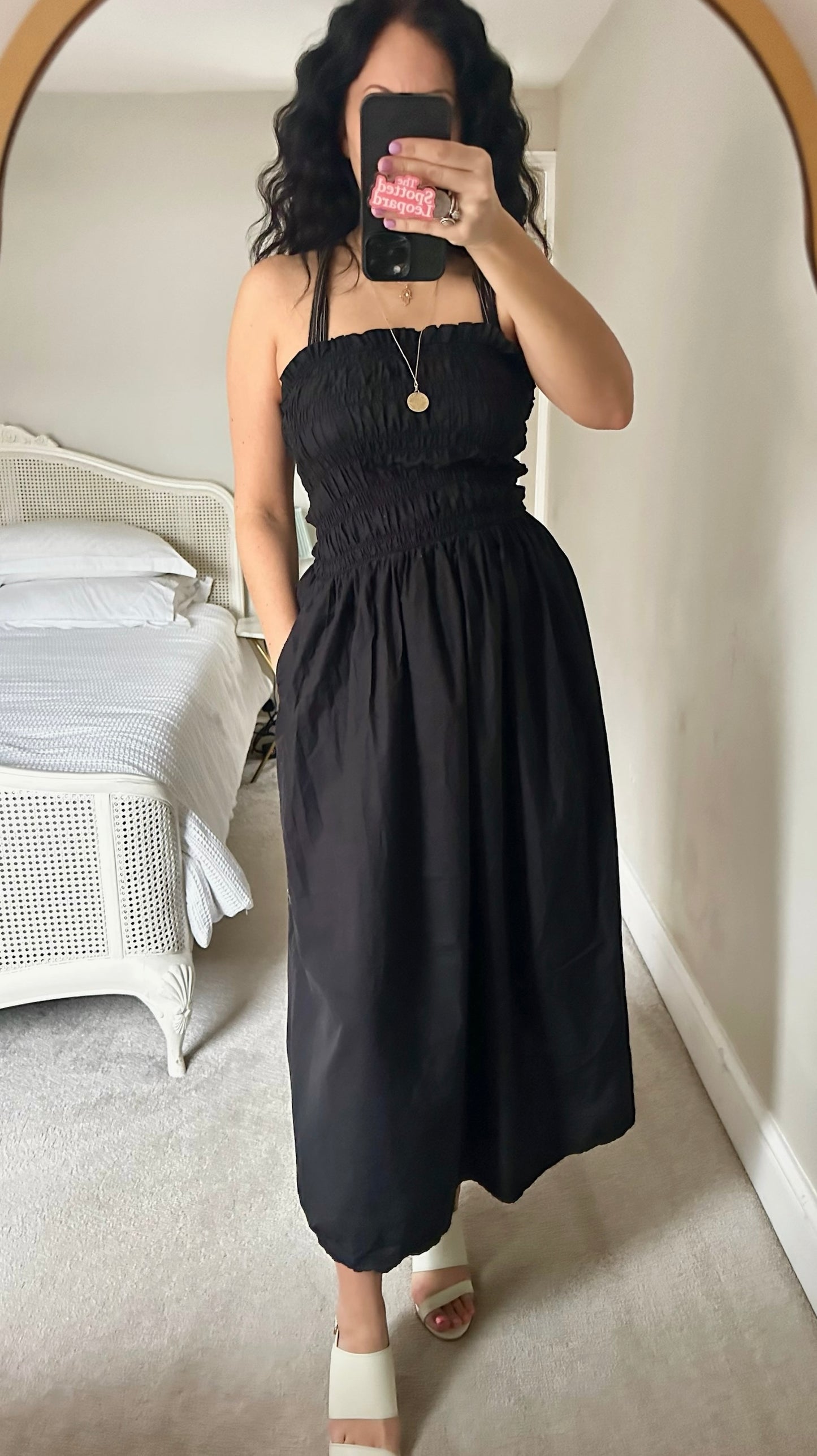 Zara black shirred bust cotton holiday midi dress small UK 8-10 vgc