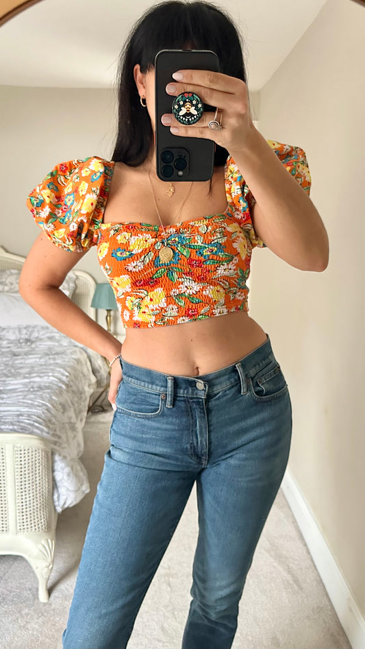 Zara orange yellow floral off shoulder top small UK 8 vgc crop