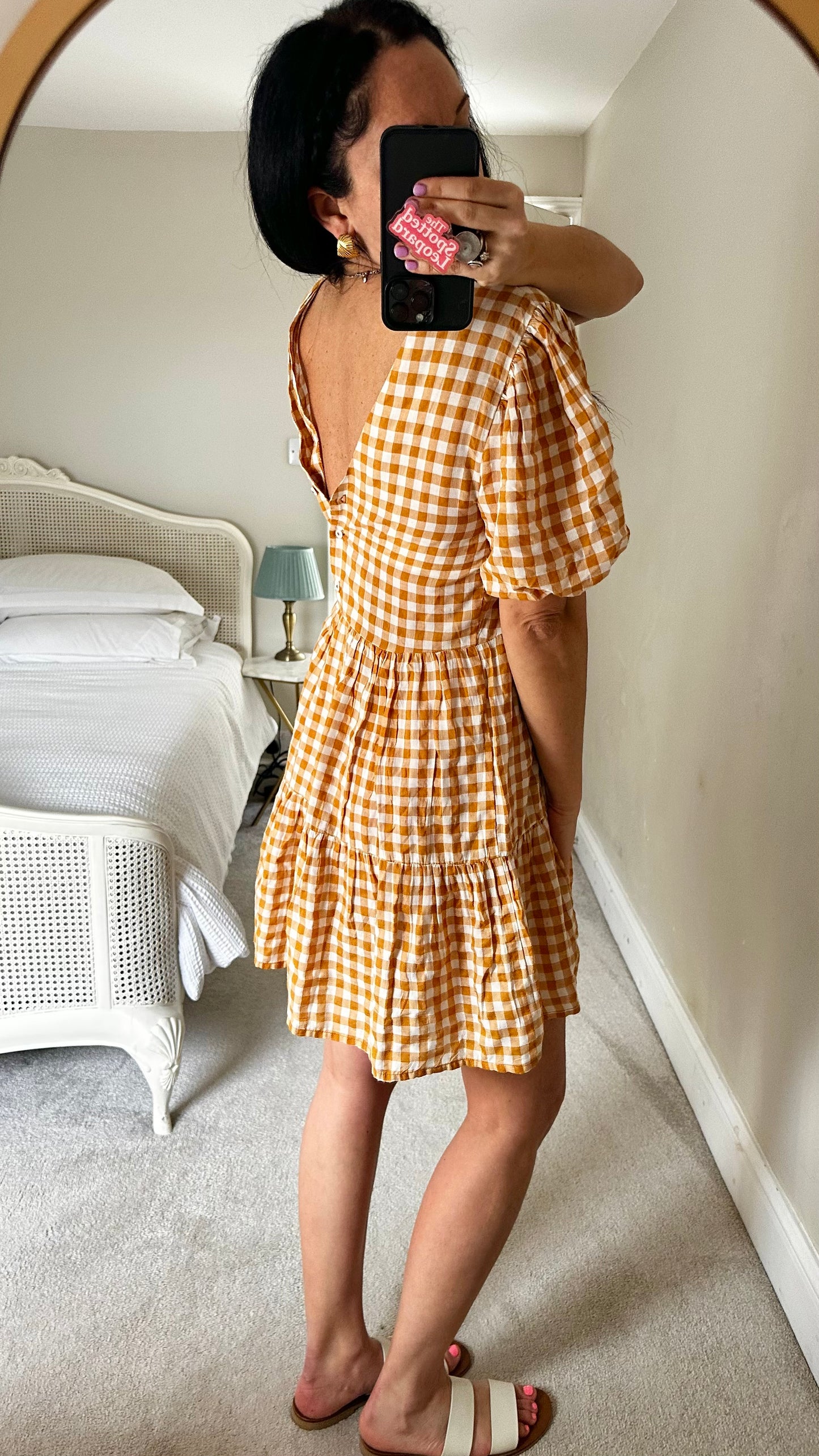 Warehouse ochre white gingham check mini sun dress small UK 8 holiday vgc