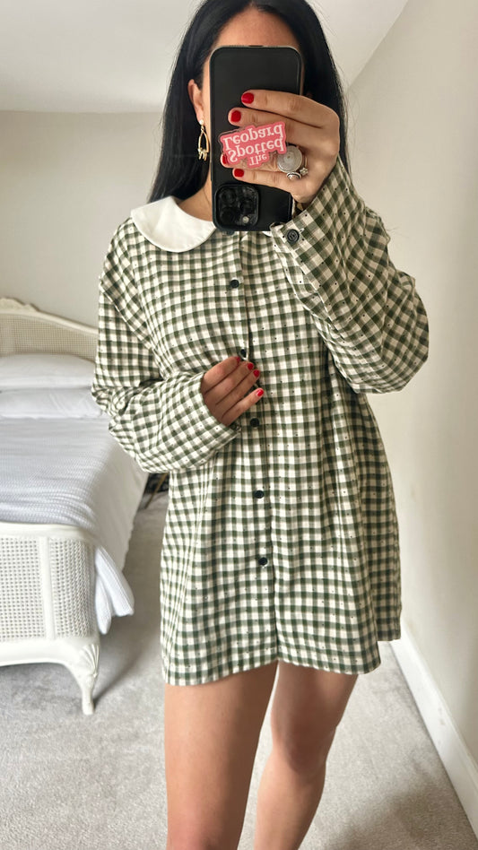 Sister Jane khaki green cream check gingham shirt dress mini medium UK 12