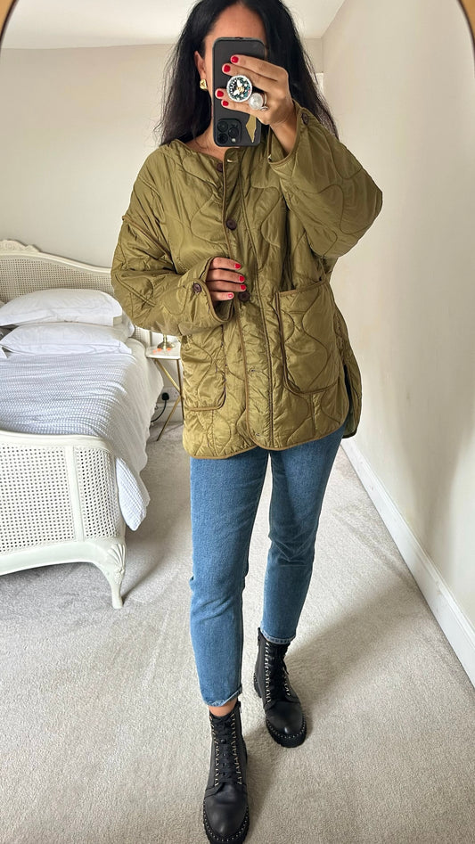 Warehouse quilted olive khaki green jacket medium UK 10-12 vgc w25