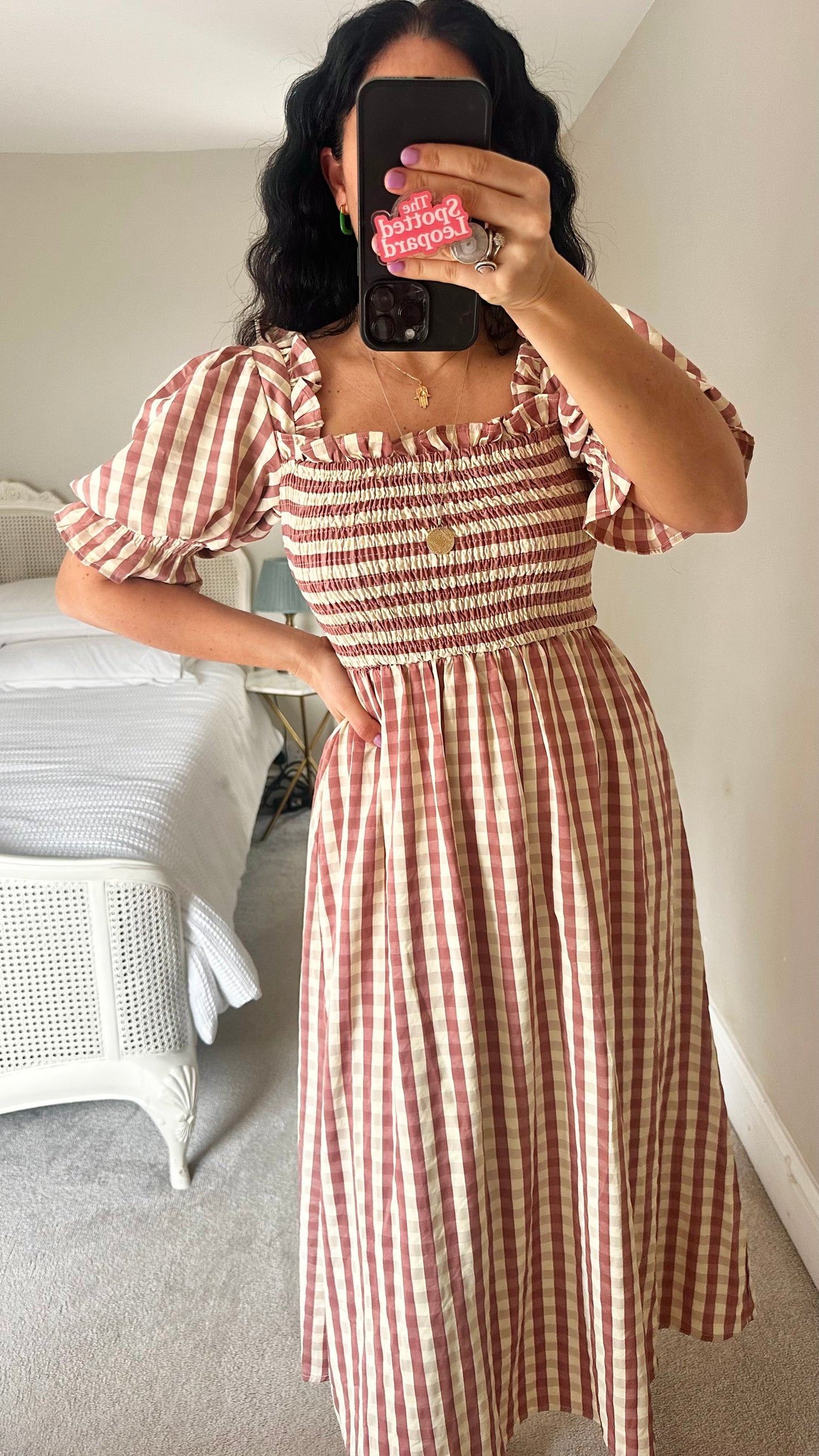 Warehouse burgundy beige gingham check midi long dress small UK 8 vgc